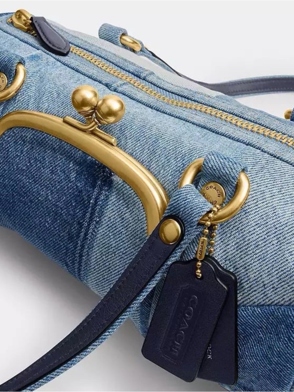 Coach Kisslock Barrel Bag 28 in Repurposed Denim & Soft Leather Brass/Indigo NWT - Picture 11 of 13